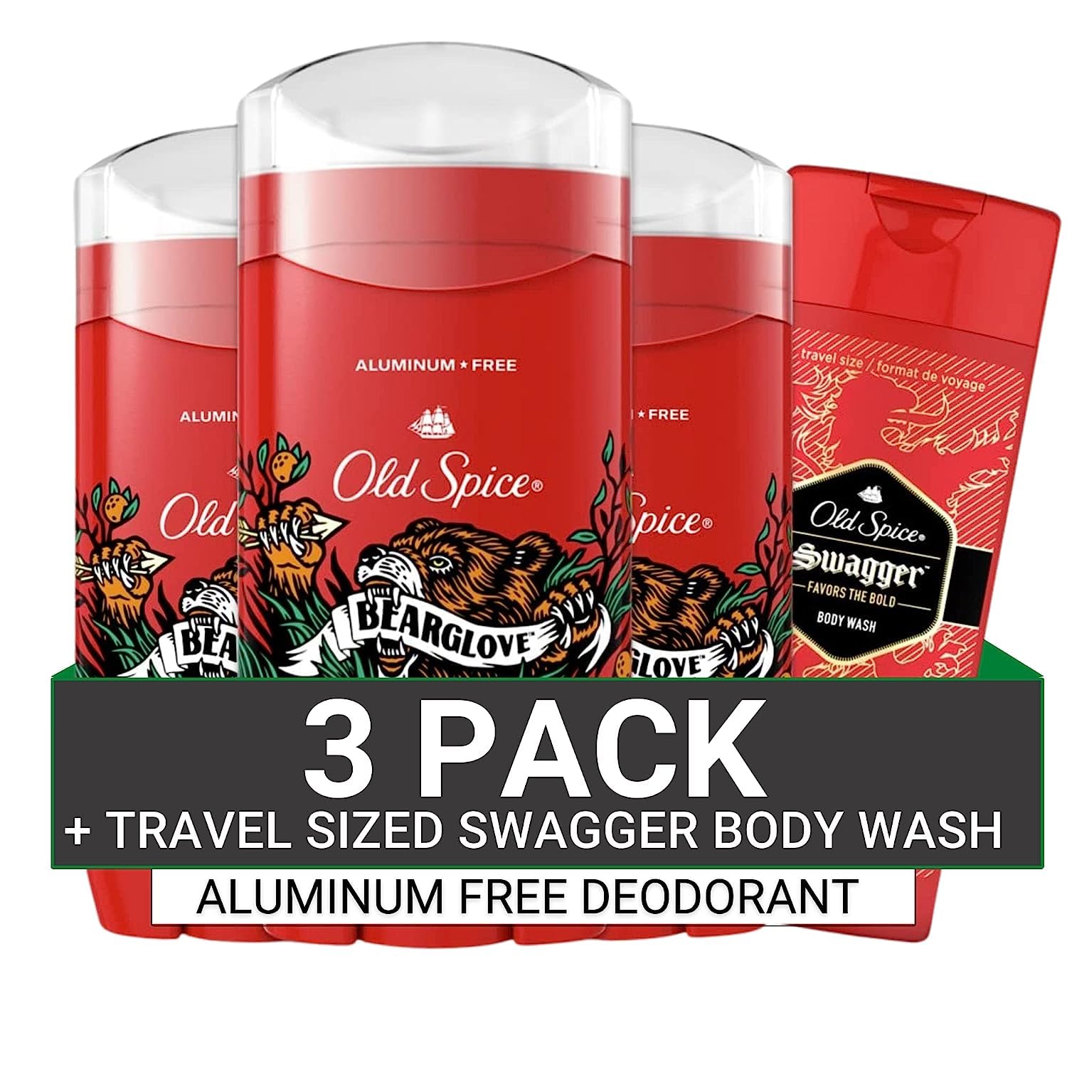 Old Spice Aluminum Free Deodorant for Men, 24/7 Odor Protection, 24/7 Freshness & Lasting Scent, Bearglove Scent, 3.0 oz with Travel Size Swagger Body Wash (Pack of 4)
