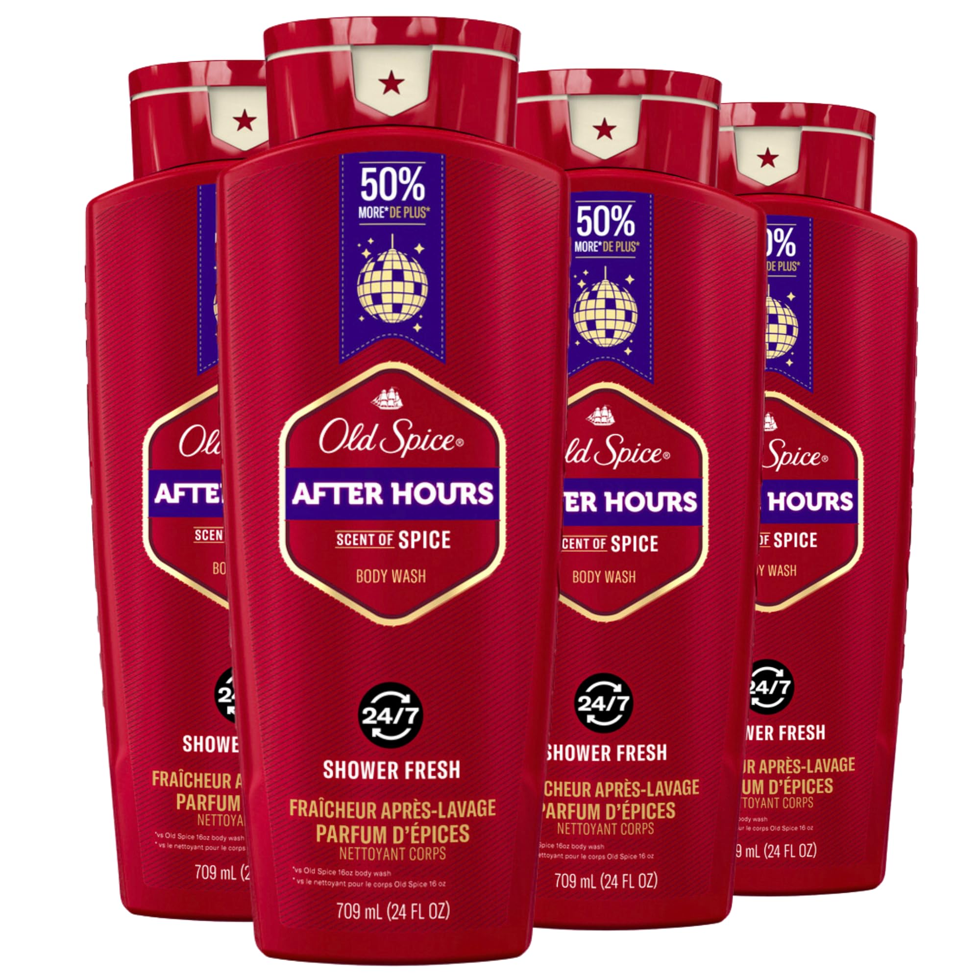Old Spice Refreshing Body Wash for Men, 3X Defense, 24/7 Shower Fresh with Long Lasting Scent, Red Collection, Afterhours with Spice Scent, 24 oz (Pack of 4)