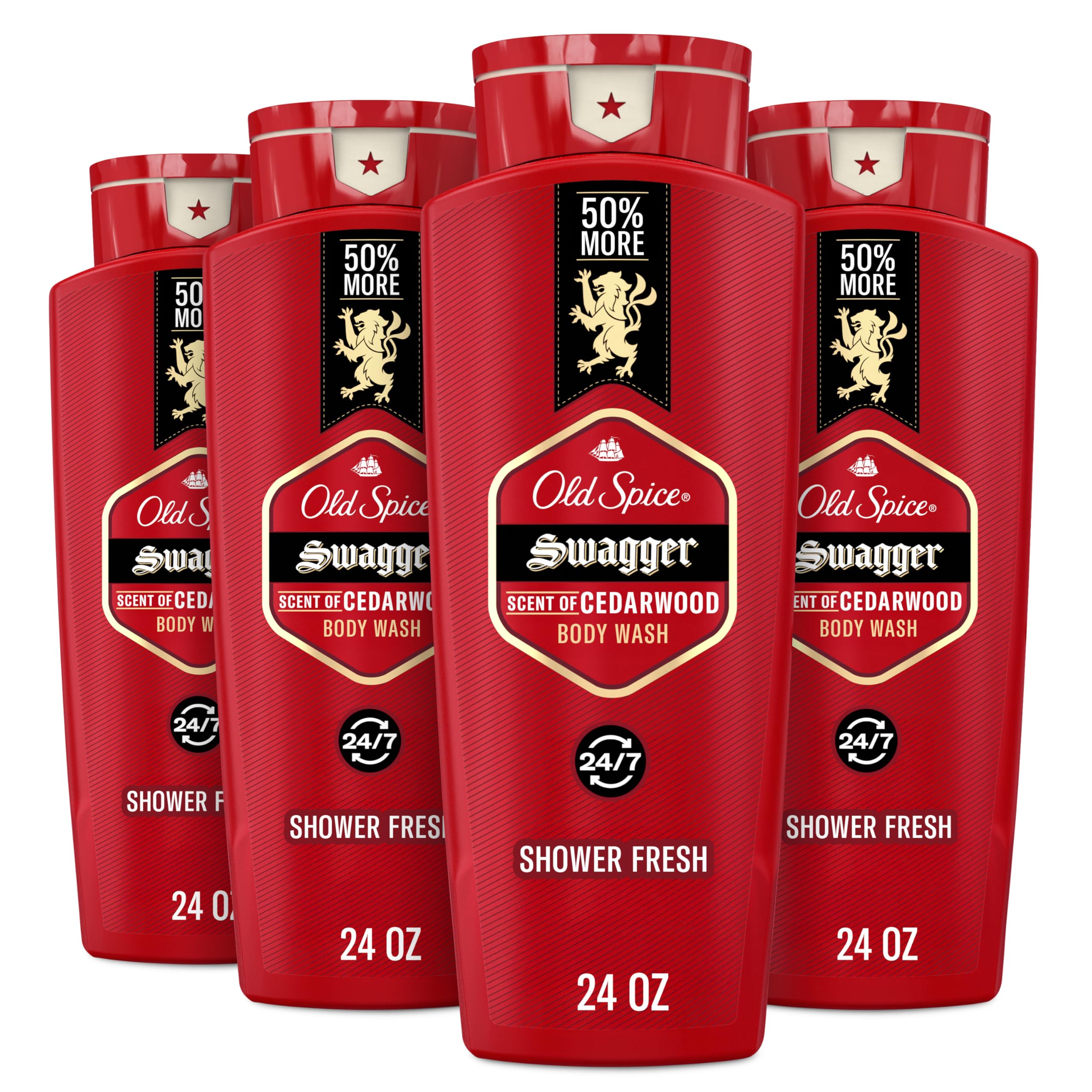 Old Spice Refreshing Body Wash for Men, 3X Defense, 24/7 Shower Fresh with Long Lasting Scent, Red Collection, Swagger with Cedarwood Scent, 24 oz (Pack of 4)