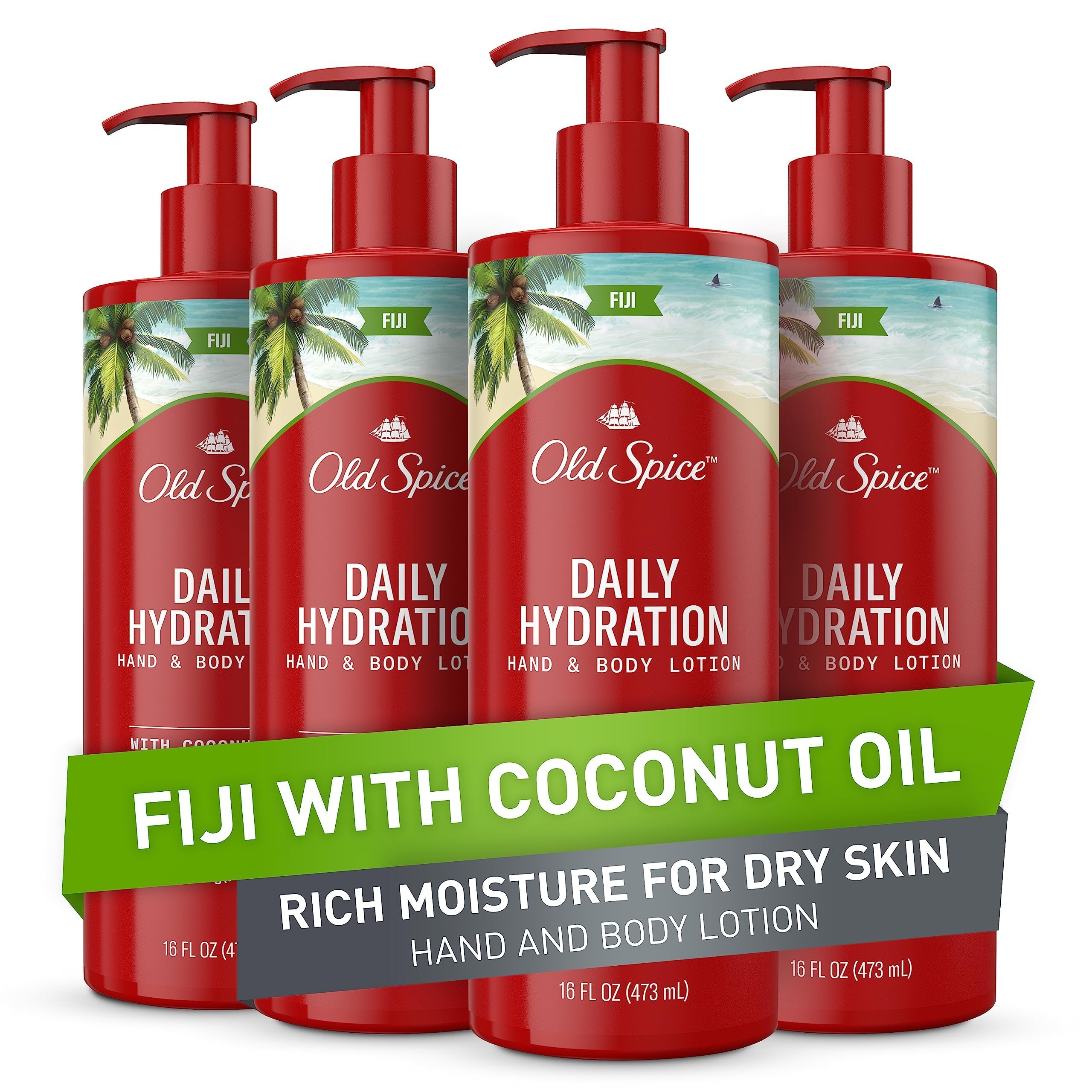 Old Spice Hand & Body Lotion for Men, Daily Hydration, 24/7 Hydration, 24/7 Replenishing Rich Moisture for Dry Skin, Lightweight Formula, Fiji with Coconut Oil Scent, 16 fl (Pack of 4)