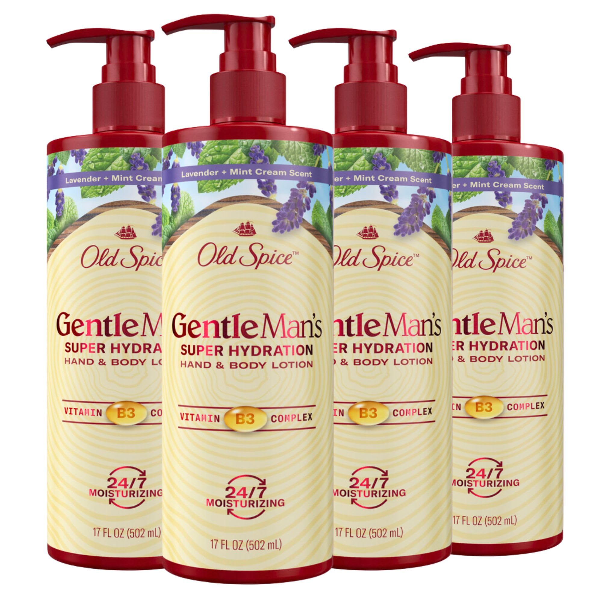 Old Spice Hand & Body Lotion for Men, Gentleman's Super Hydration, 24/7 Moisturizing with Vitamin B3 Complex, Fast Absorbing, Lavender + Mint Cream, 17 oz (Pack of 4)