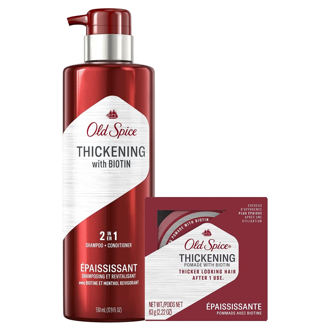 Old Spice Men's Thickening 2-in-1 Shampoo and Conditioner with Biotin and Menthol (17.9 Fl Oz) & Thickening Styling Pomade Infused with Biotin Bundle (2.22 Oz)
