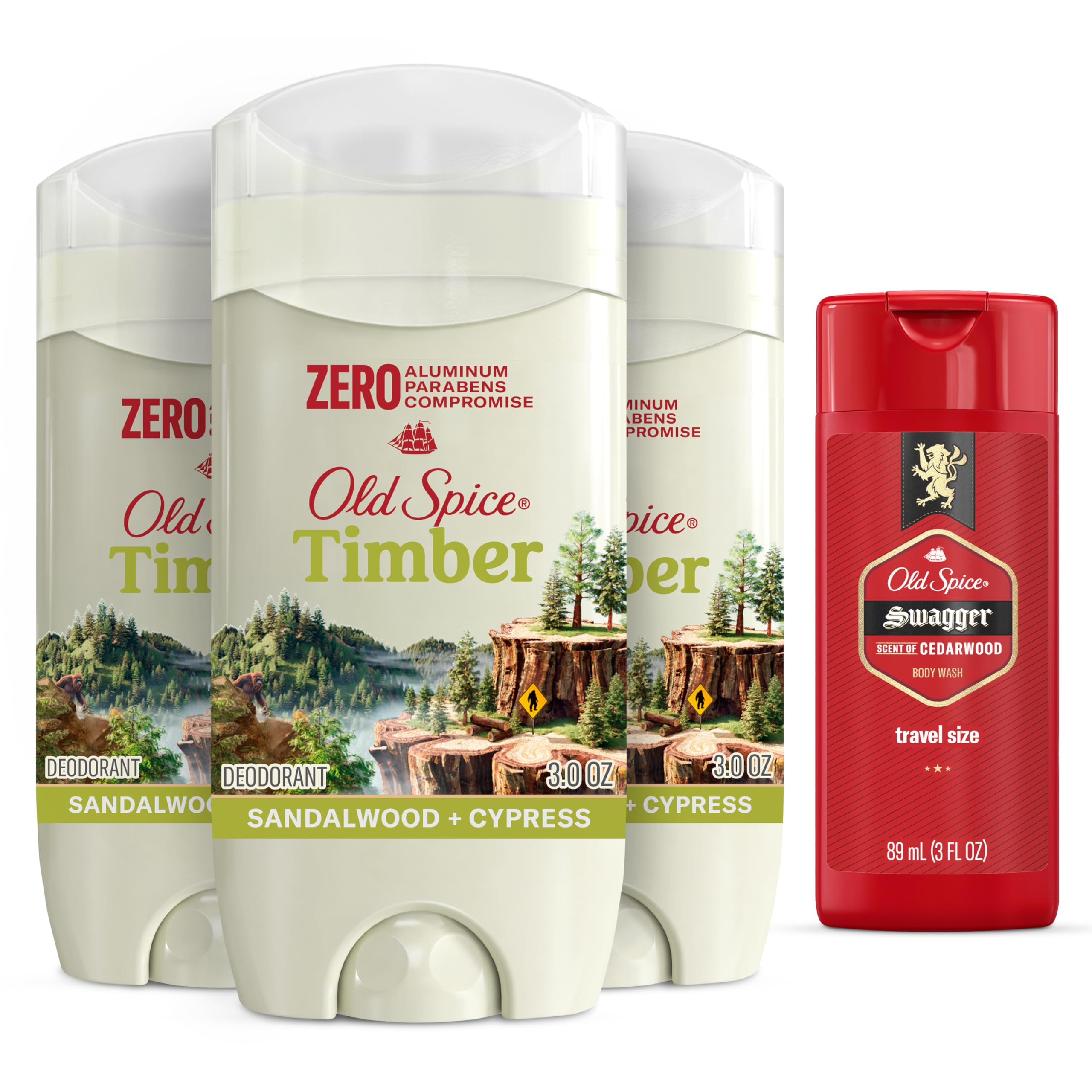 Old Spice Men's Deodorant Aluminum-Free Timber with Sandalwood, 3.0oz Pack of 3 with Travel-Size Swagger Body Wash
