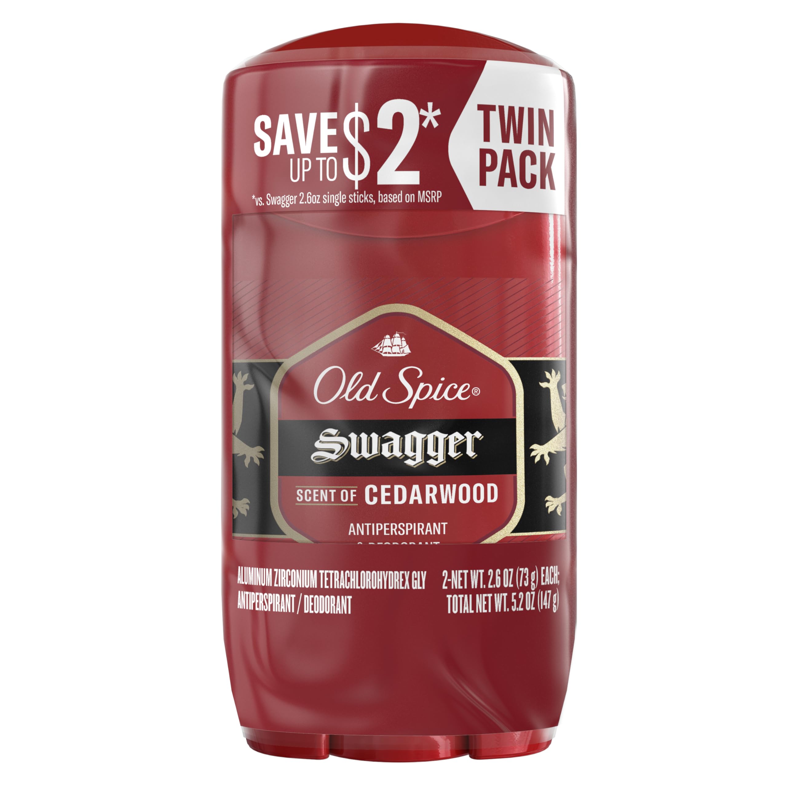 Old Spice Antiperspirant Deodorant for Men, 24/7 Sweat & Odor Protection, 24/7 Lasting Freshness, Invisible Solid, Swagger with Cedarwood Scent, 2.6 oz (Pack of 2)